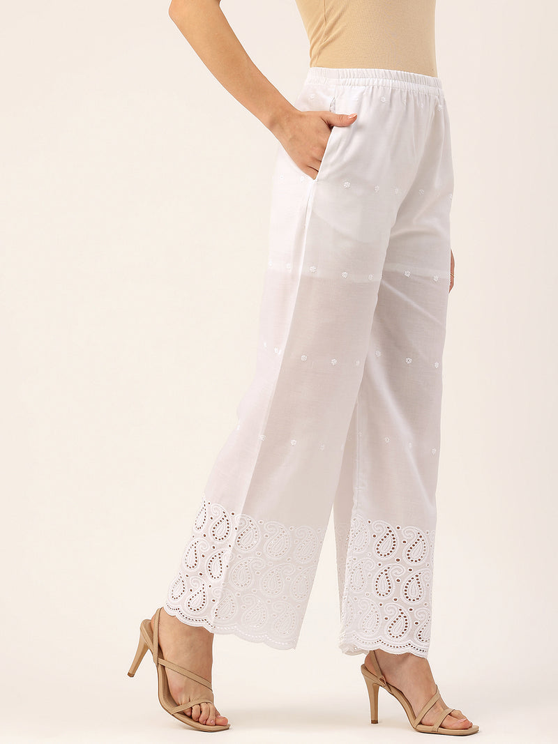 White Embroidered Palazzos–Fully Lined, Elastic Waist & Ankle-Length with Side Pocket