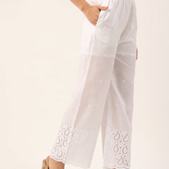 White Embroidered Palazzos–Fully Lined, Elastic Waist & Ankle-Length with Side Pocket