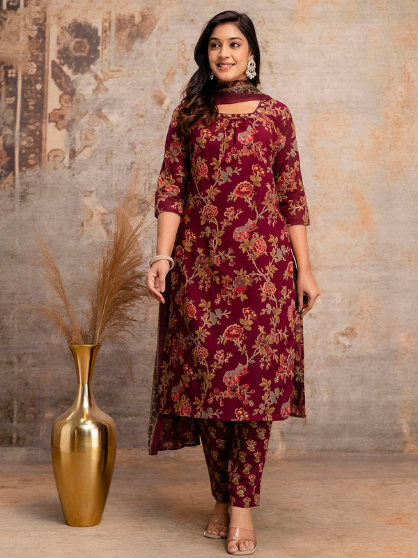 Pure Cotton Marron Printed 3-Piece Kurta Set with Square Neckline & Dupatta