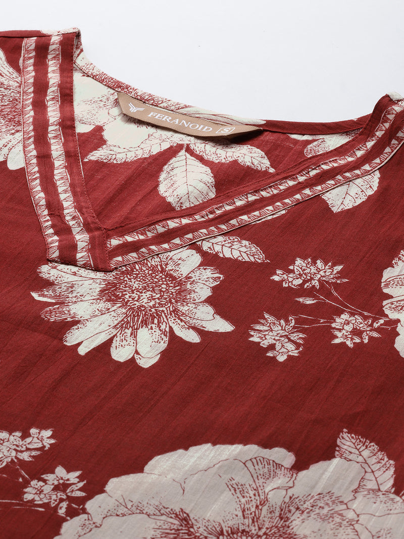 Bodered V-Neck 3-Piece Kurta Set with Ankle-Length Pants & Full-Length Dupatta (Size S-XXL).