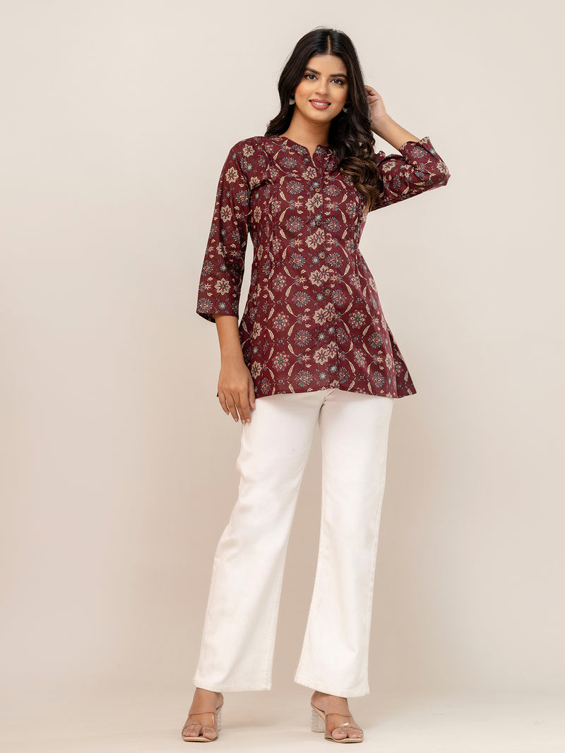 Elegant Mandarin Collar Printed Tunic – Stylish & Comfortable, Sizes