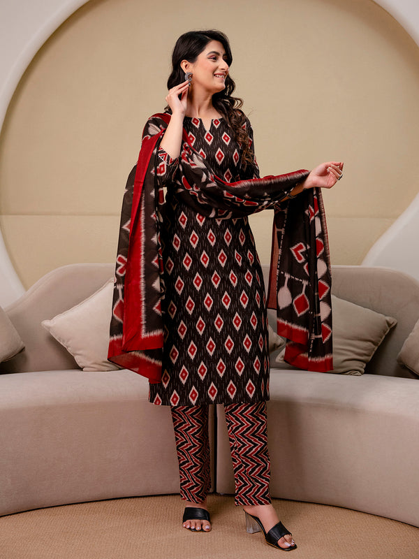 V-Neck Cotton 3-Piece Kurta Set with Printed Dupatta (M–XXL)