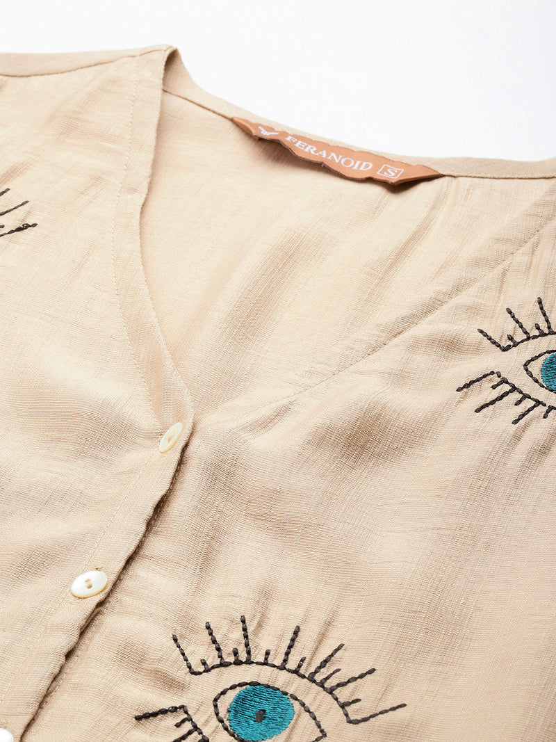 Off White Women's Embroidered Co-ord Set - Viscose Fabric Sleeveless Shirt and Pant