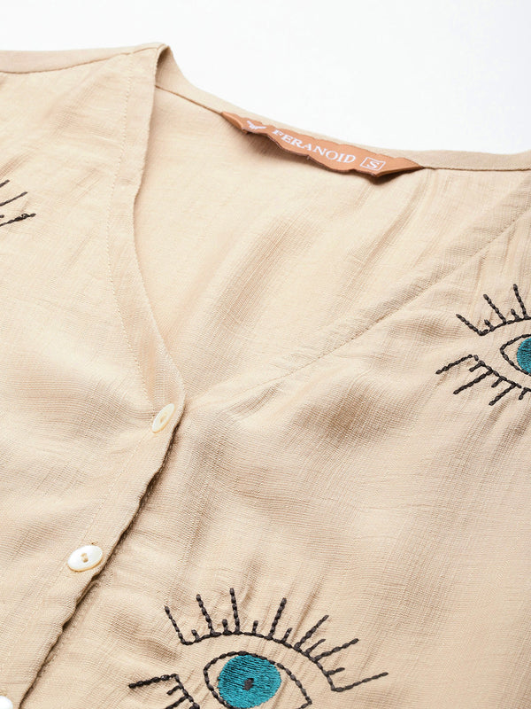 Off White Women's Embroidered Co-ord Set - Viscose Fabric Sleeveless Shirt and Pant