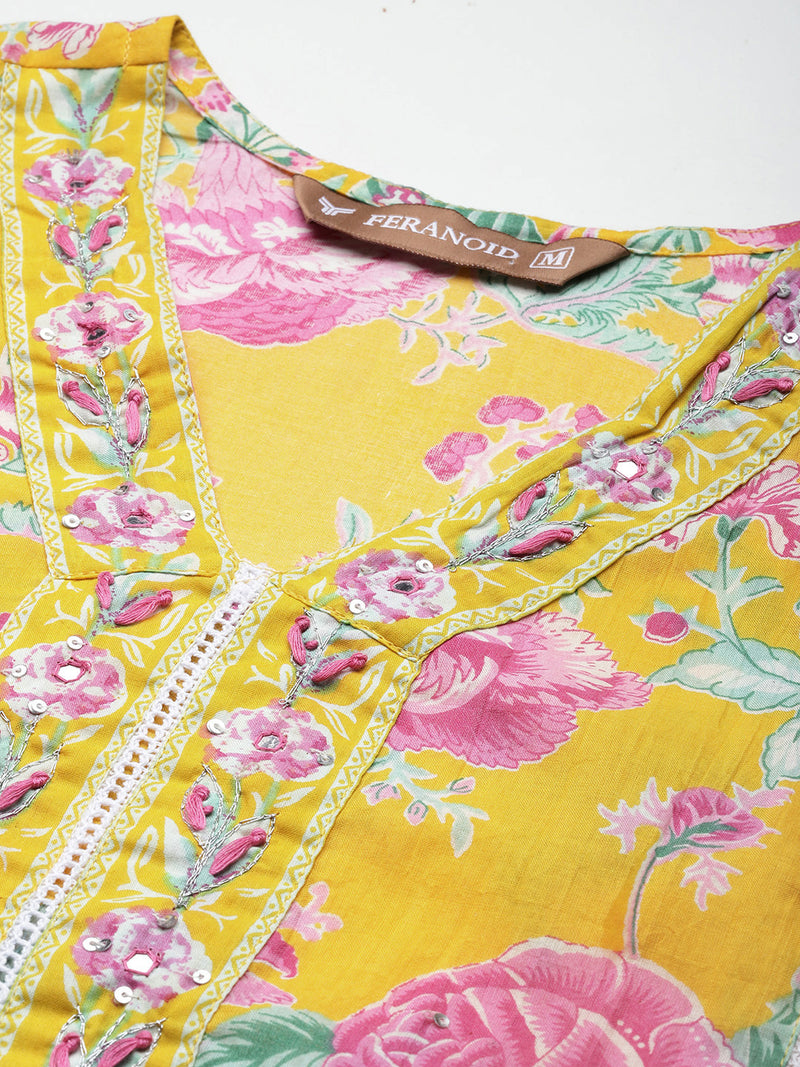 A-line Dupatta Sets - V-Neck, 3/4 Sleeves, Lace Work, Elastic Waistband Pants with Pockets & Full-Length Dupatta (M-XXL)