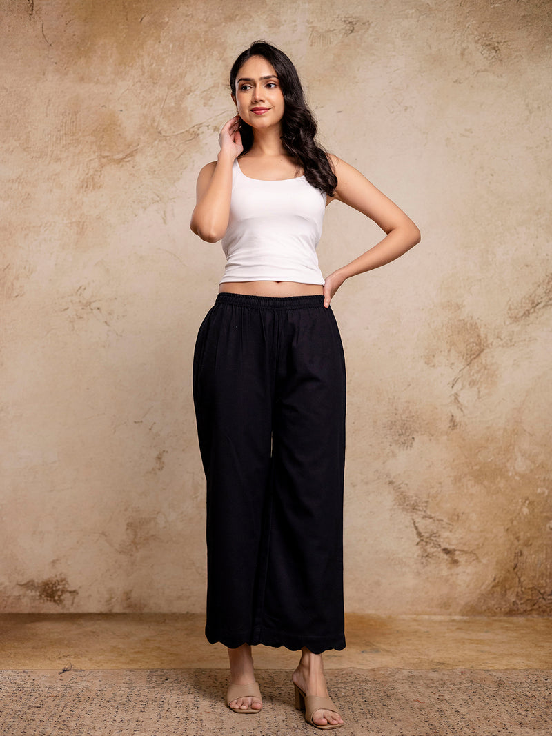 Classic Cotton Palazzos with Unique Curved Hem Design