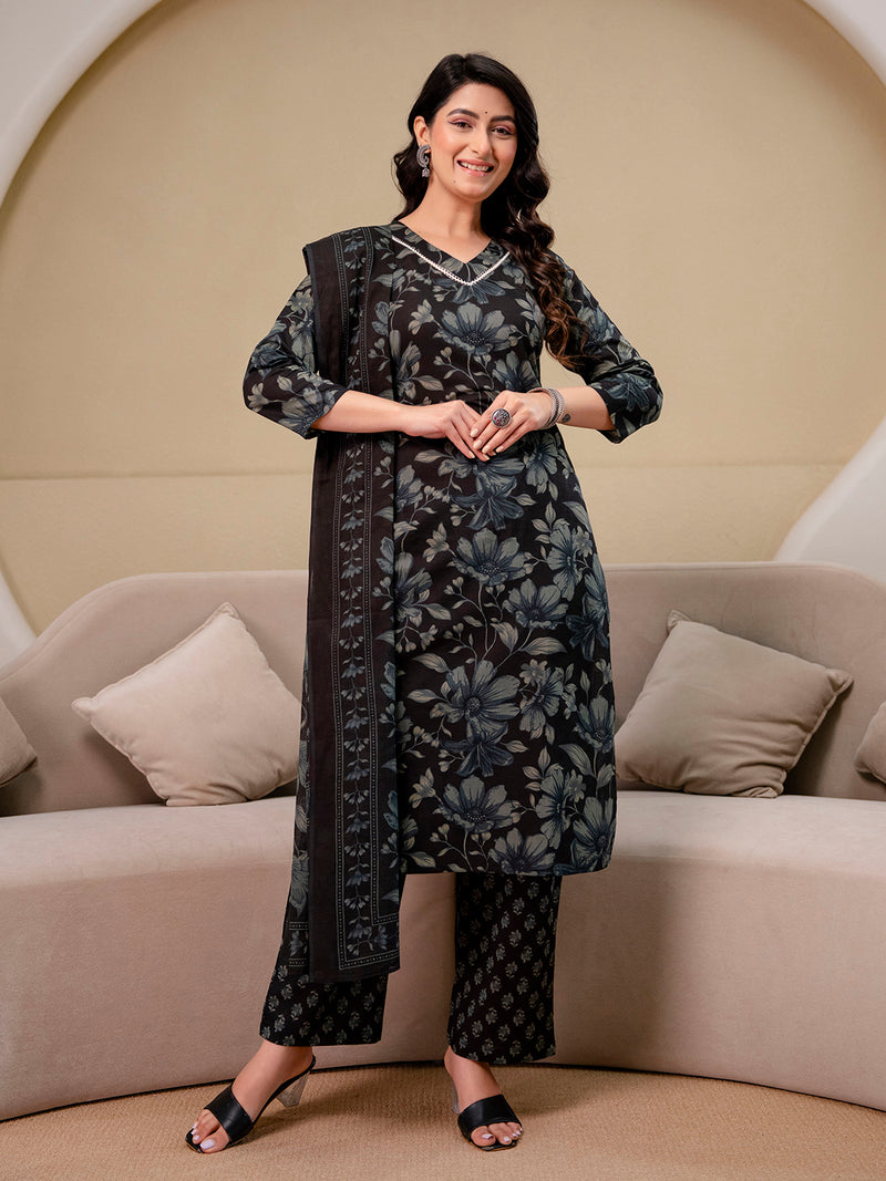 Printed Cotton Kurta Set with V-Neckline, Ankle-Length Pants and Graceful Dupatta
