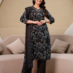 Printed Cotton Kurta Set with V-Neckline, Ankle-Length Pants and Graceful Dupatta