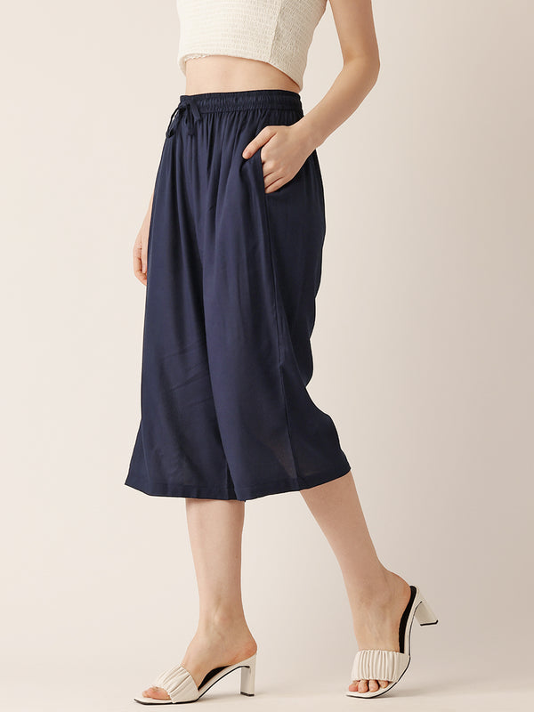 Women's Culottes | Calf-Length Pants with Double Pockets & Elastic Waistband