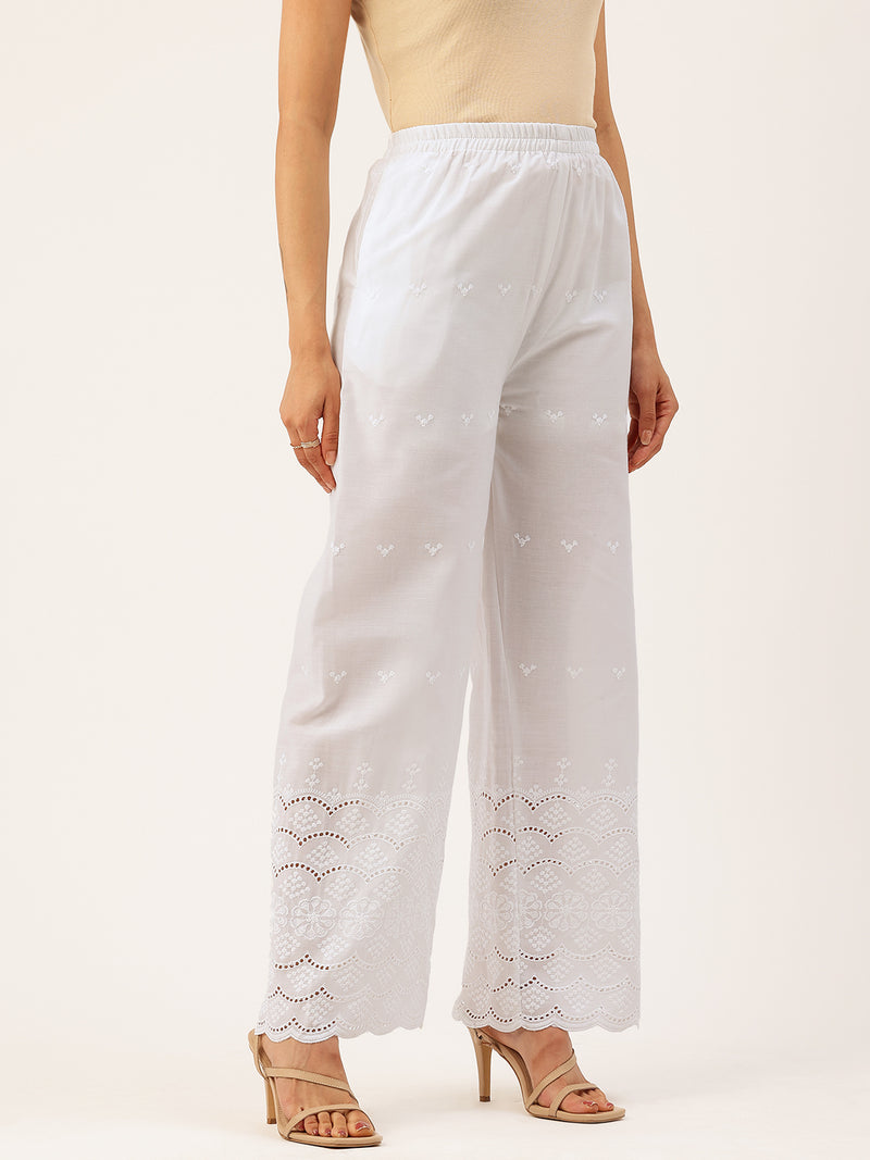 White Embroidered Palazzos–Fully Lined, Elastic Waist & Ankle-Length with Side Pocket