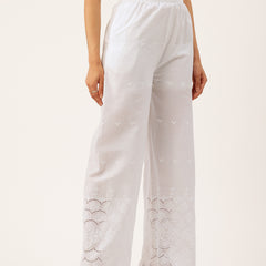 White Embroidered Palazzos–Fully Lined, Elastic Waist & Ankle-Length with Side Pocket