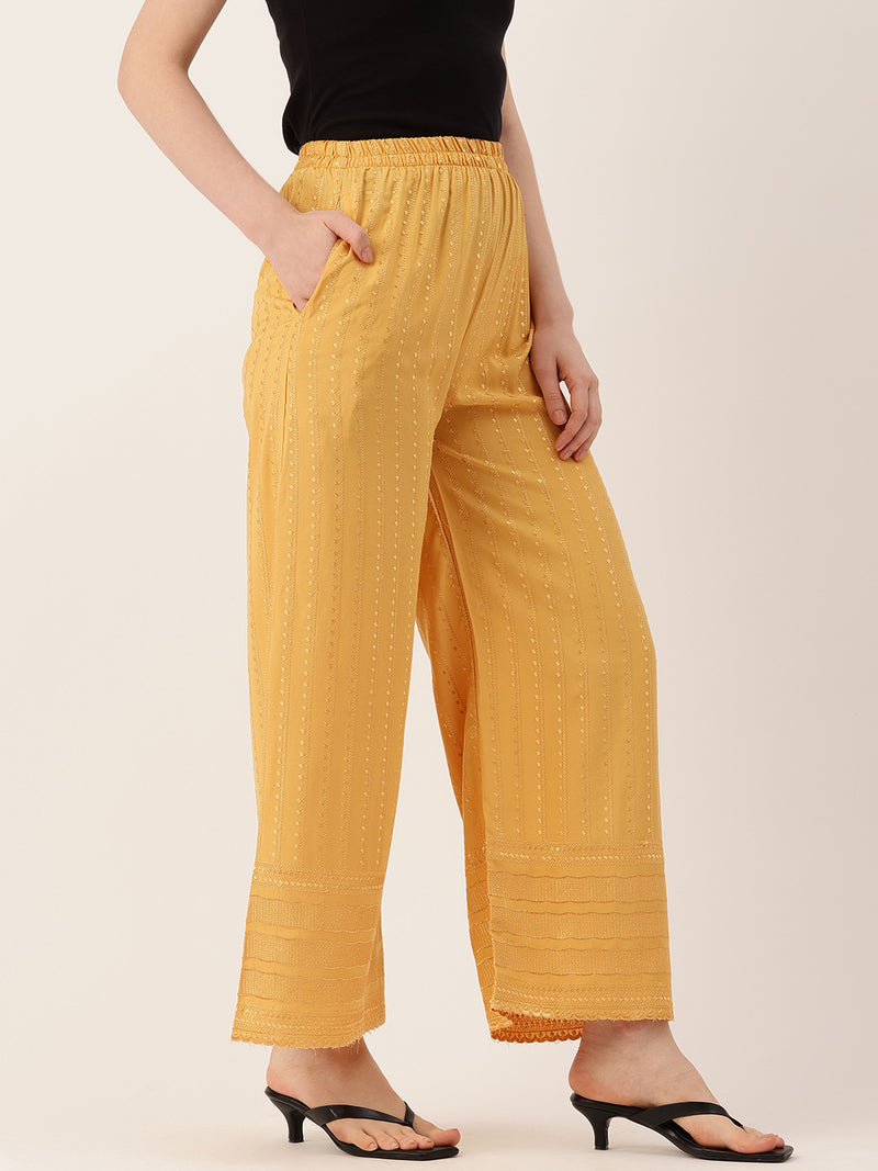 yellow Yellow Embroidered Cotton Palazzos–Elastic Waist & Ankle-Length with Side Pocket