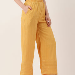 yellow Yellow Embroidered Cotton Palazzos–Elastic Waist & Ankle-Length with Side Pocket