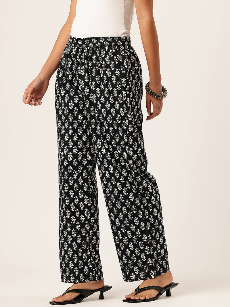 Black Women Pure Cotton Paisley Printed Palazzo Pants | Elastic Waist | Wide Leg