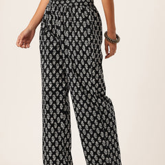 Black Women Pure Cotton Paisley Printed Palazzo Pants | Elastic Waist | Wide Leg