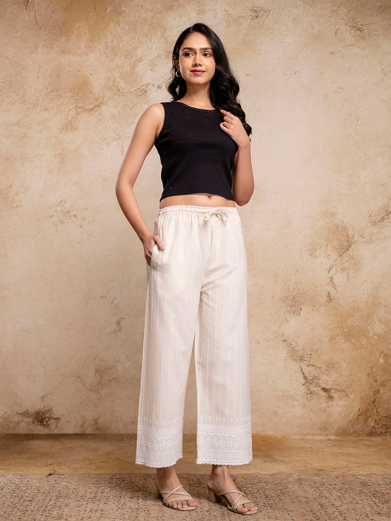 Women’s Cotton Embroidered Wide-Leg Palazzos | Soft, Breathable & Elegant