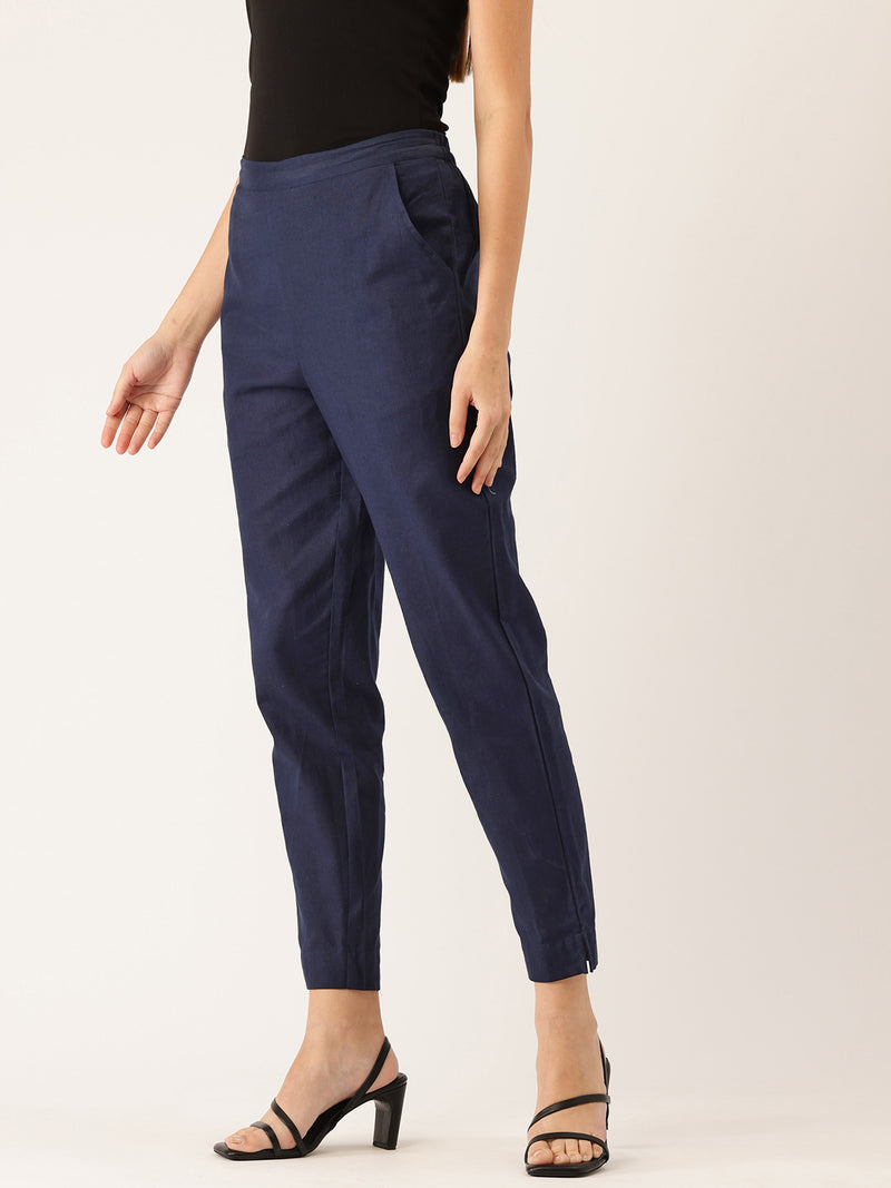 Women's Cotton Pants - Double Pockets, Adjustable Waist, and Ankle-Length Fit