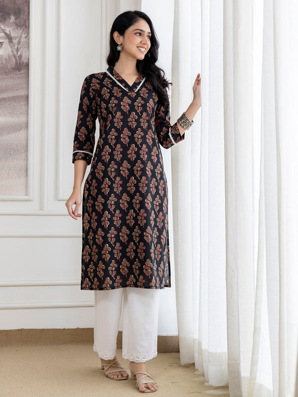 Elegant Ethnic Printed Cotton Straight Kurta with V-Neckline