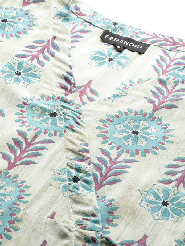 Floral Print Angrakha 3\4 Sleeves Flared Kurti
