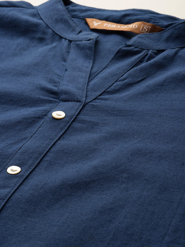 Women’s Solid Long Kurti with Mandarin Collar, 3/4 Sleeves & Pocket | Plain Elegant Cotton Kurta for Daily & Office Wear