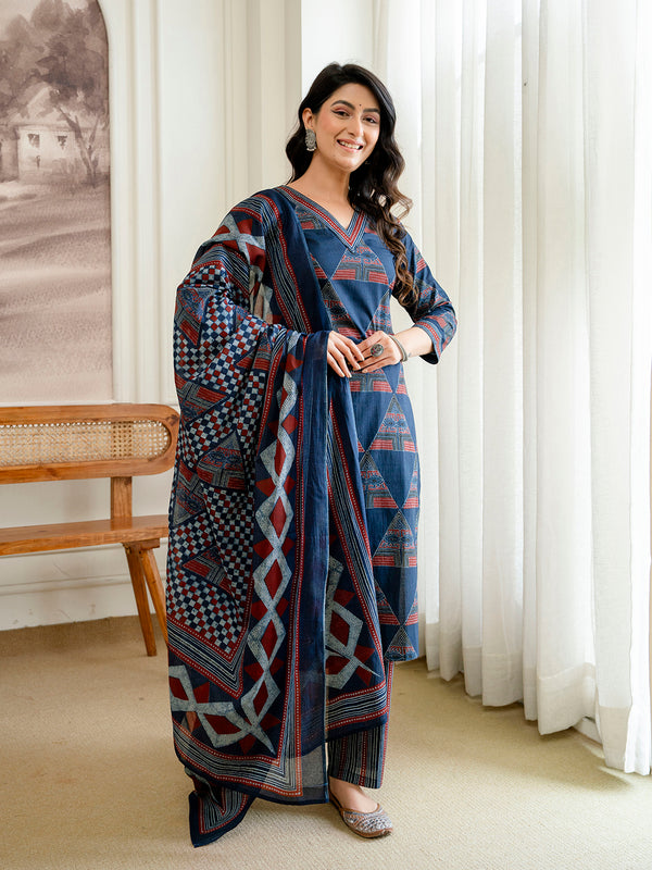 Bordered V-Neck 3-Piece Kurta Set with Ankle-Length Pants & Full-Length Dupatta (M–XXL)