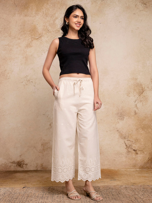 Women’s Cotton Embroidered Wide-Leg Palazzos | Soft, Breathable & Elegant