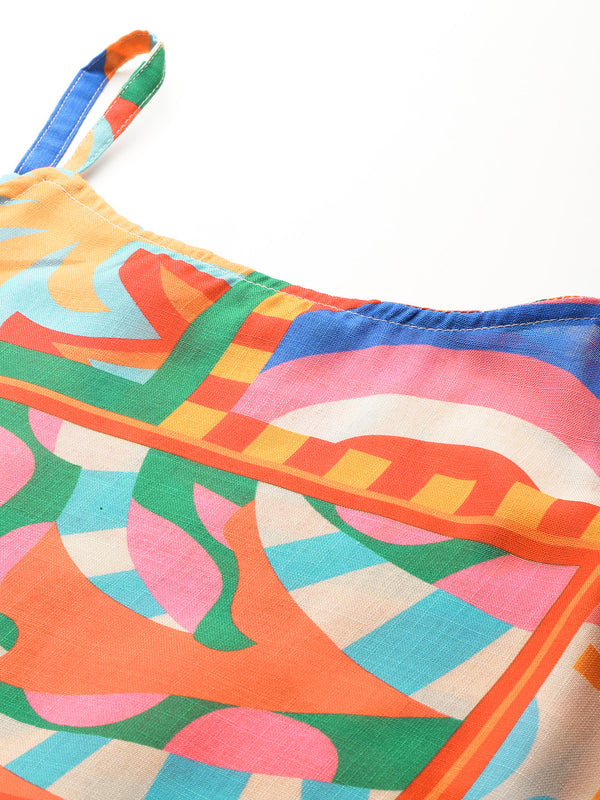 Cropped Sleeveless strap Peplum top with digital print on linen fabric.| Size- Small| Colour - Red, Mustard, Green, Pink