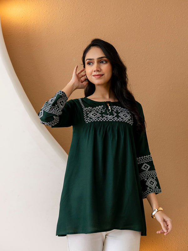 Solid Hip Length Embrioded 3/4 Sleeves Kurti