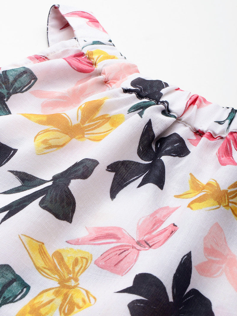 Cropped Sleeveless Elasticated Neck Bottom Flared Top with digital print on linen fabric.  | Size- Small |  Colour - White, Pink, Grey, Yellow