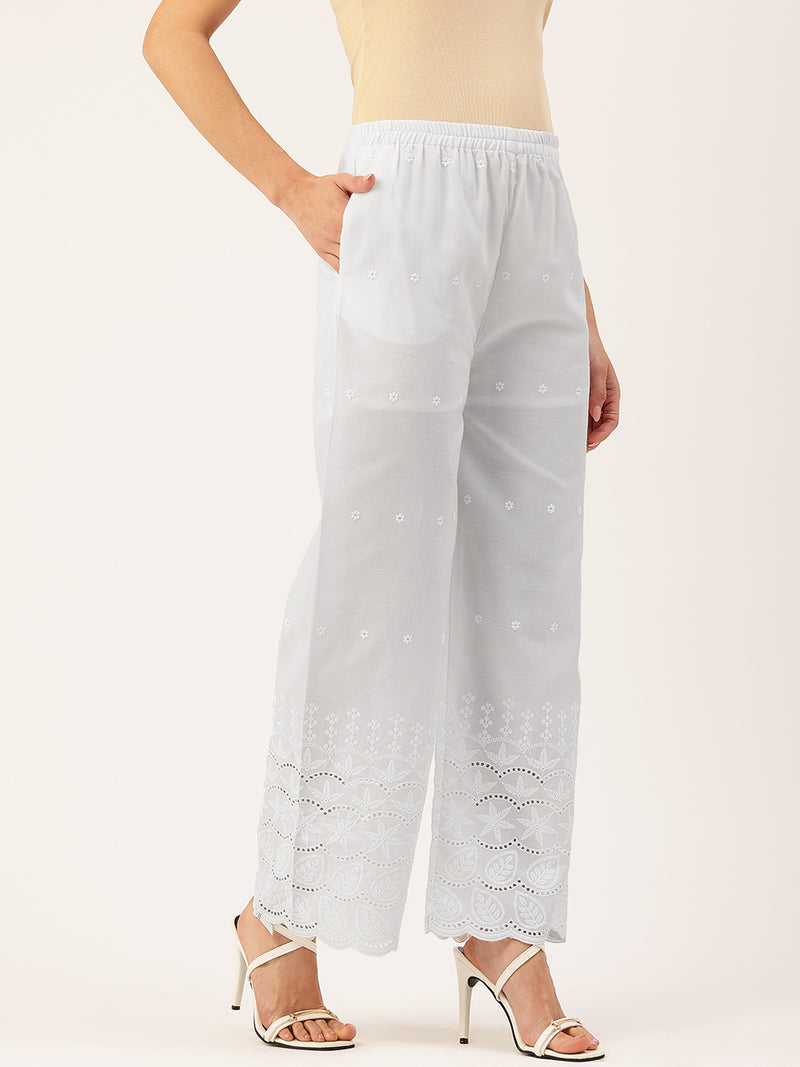 White Embroidered Palazzos–Fully Lined, Elastic Waist & Ankle-Length with Side Pocket