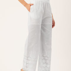 White Embroidered Palazzos–Fully Lined, Elastic Waist & Ankle-Length with Side Pocket