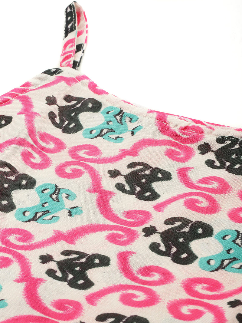 Cropped Sleeveless strap Peplum top with digital print on linen fabric.| Size- Small| Colour - White, Pink, Green