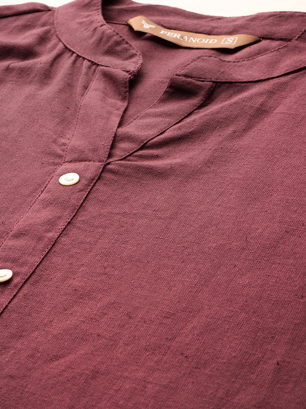 Women’s Solid Long Kurti with Mandarin Collar, 3/4 Sleeves & Pocket | Plain Elegant Cotton Kurta for Daily & Office Wear