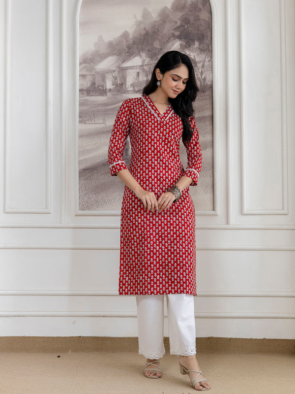 Elegant Ethnic Printed Cotton Straight Kurta with V-Neckline