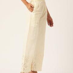 Beige Palazzos | Embroidered Elegnace With Elastic Waist & Single Pocket