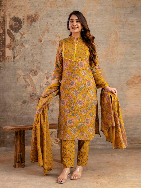 Pure Cotton Mustard Printed 3-Piece Kurta Set with Dupatta