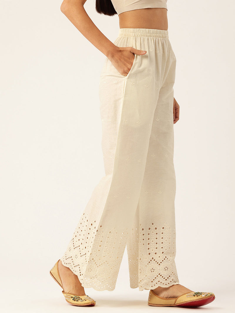 Beige Palazzos | Embroidered Elegnace With Elastic Waist & Single Pocket