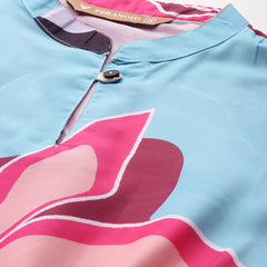 Women’s Multi-Color Muslin Floral Dress with Mandarin Collar & 3/4 Smocked Sleeves