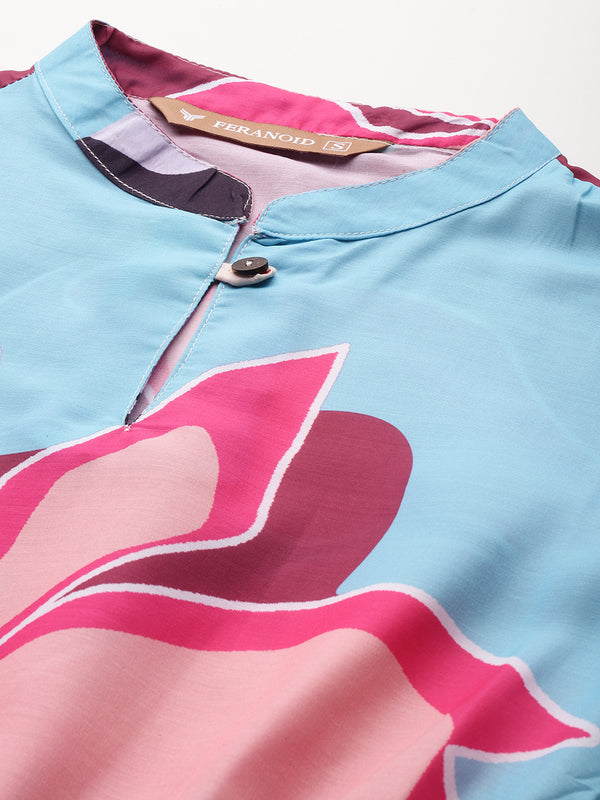 Women’s Multi-Color Muslin Floral Dress with Mandarin Collar & 3/4 Smocked Sleeves