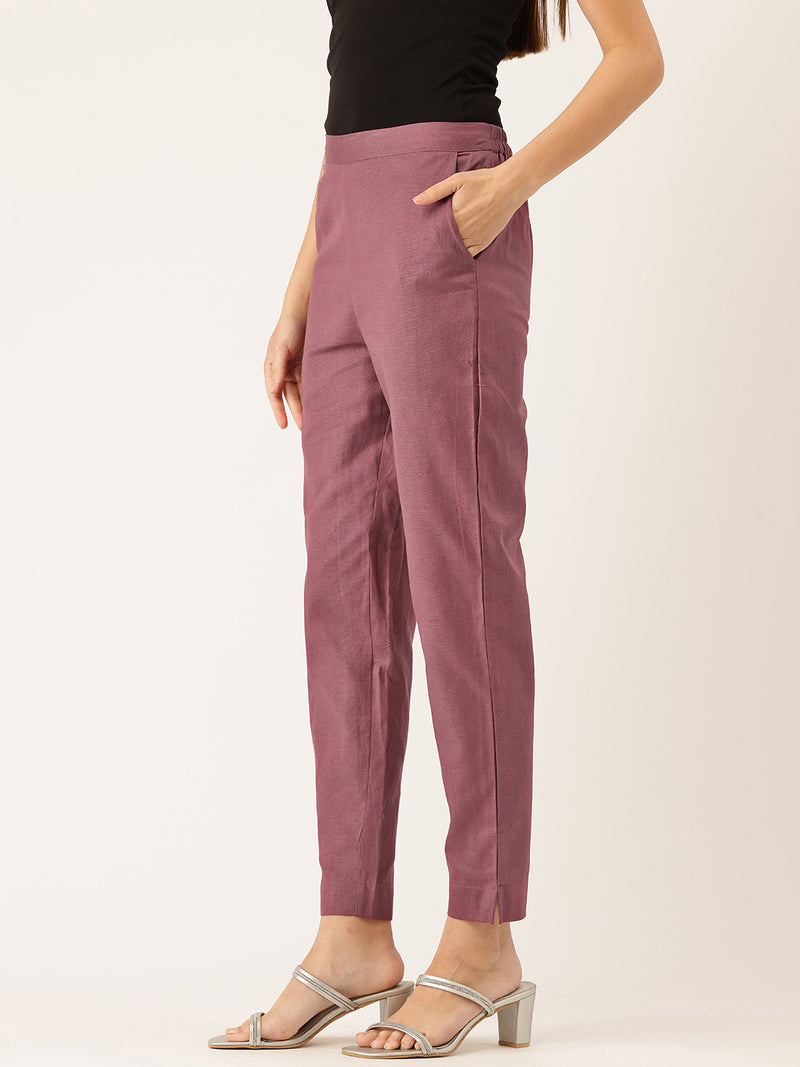 Women's Cotton Pants - Double Pockets, Adjustable Waist, and Ankle-Length Fit