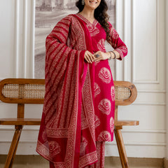 Bordered V-Neck 3-Piece Kurta Set with Ankle-Length Pants & Full-Length Dupatta (M–XXL)