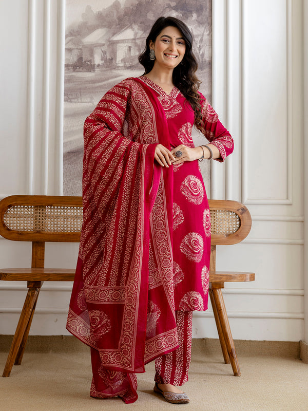 Bordered V-Neck 3-Piece Kurta Set with Ankle-Length Pants & Full-Length Dupatta (M–XXL)