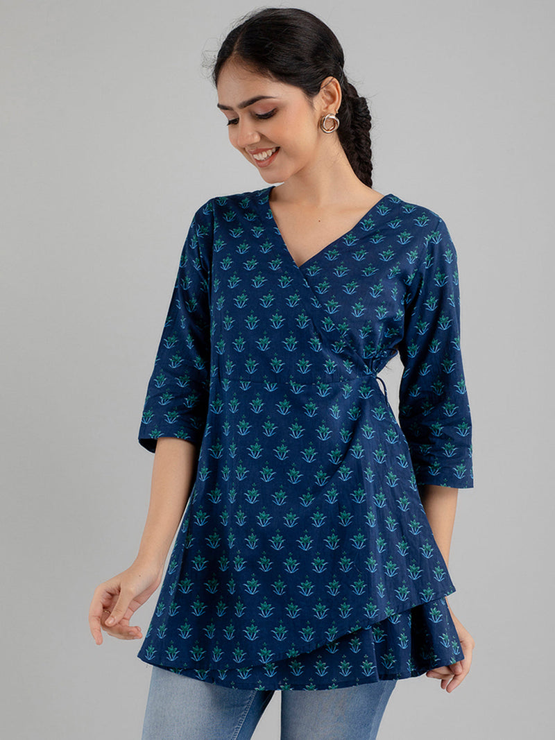 Floral Printed V-Neck Pure Cotton Angrakha A-Line Kurti