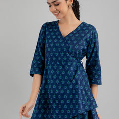 Floral Printed V-Neck Pure Cotton Angrakha A-Line Kurti