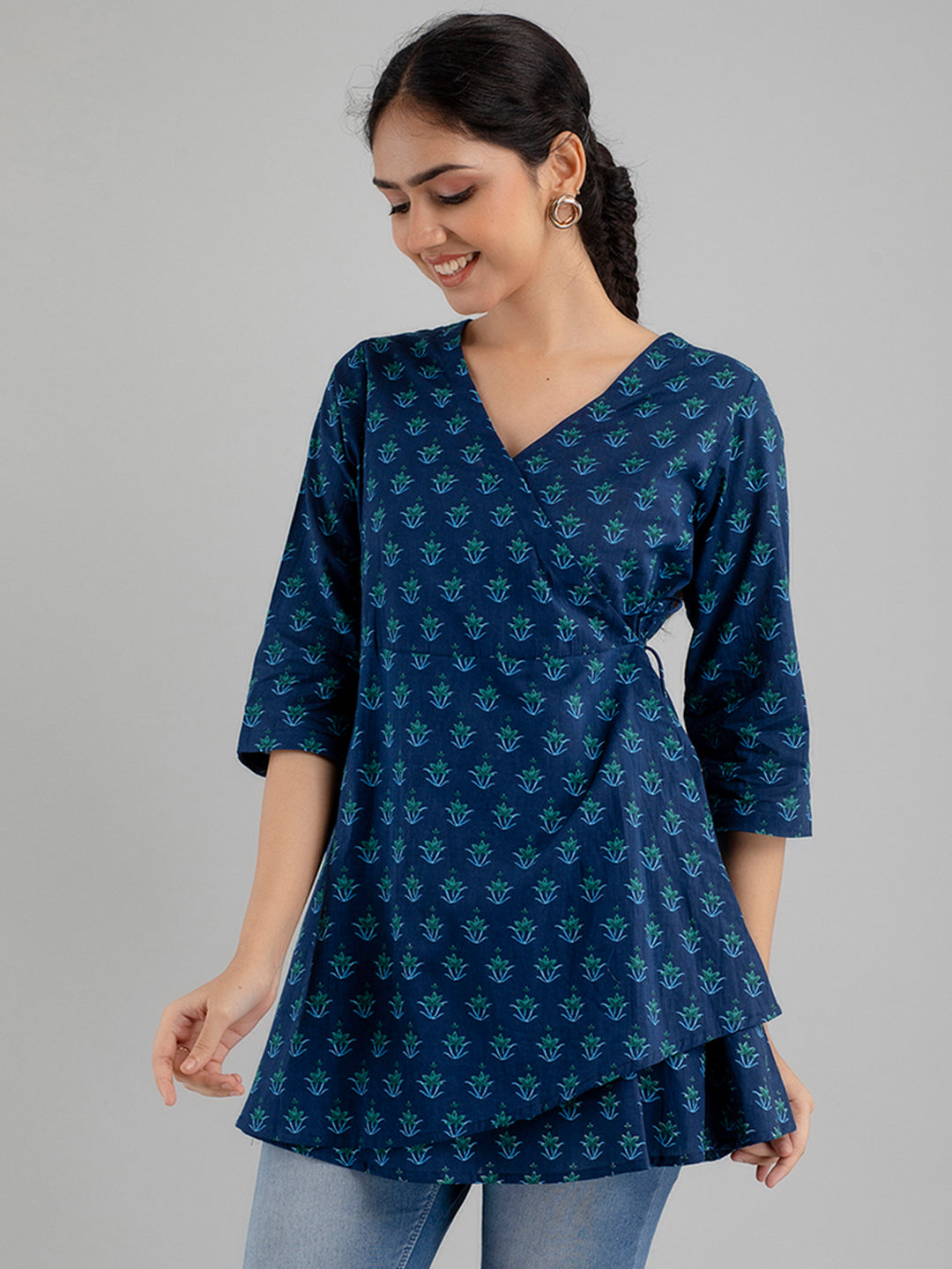 Floral Printed V-Neck Pure Cotton Angrakha A-Line Kurti FRKT6174