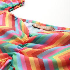 Cropped v-neck peplum puff sleeved top with digital print on linen fabric.