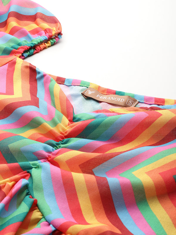 Cropped v-neck peplum puff sleeved top with digital print on linen fabric.