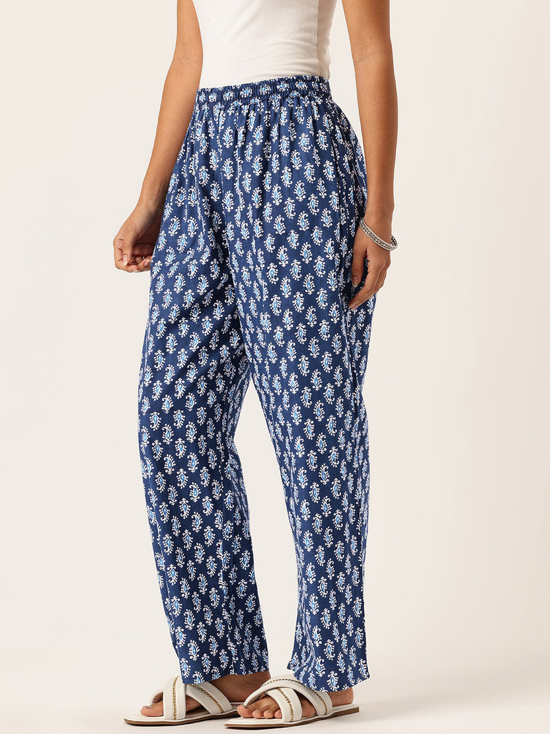 Blue Women Pure Cotton Paisley Printed Palazzo Pants | Elastic Waist | Wide Leg