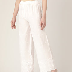 White White Embroidered Cotton Palazzos–Elastic Waist & Ankle-Length with Side Pocket