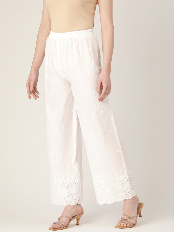 White White Embroidered Cotton Palazzos–Elastic Waist & Ankle-Length with Side Pocket
